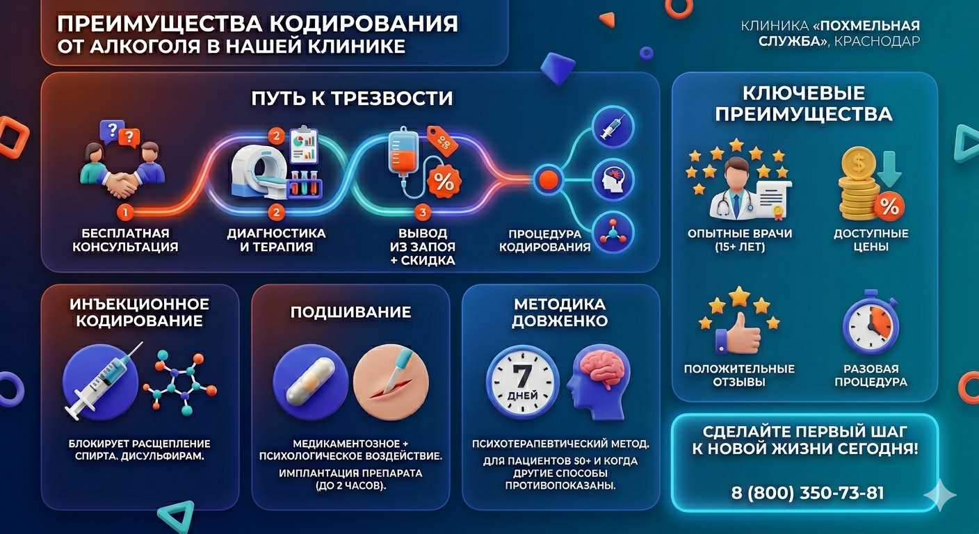 Инфографика о методах кодирования от алкоголя в Ипатово: инъекции, подшивание, метод Довженко. Преимущества клиники и этапы лечения.