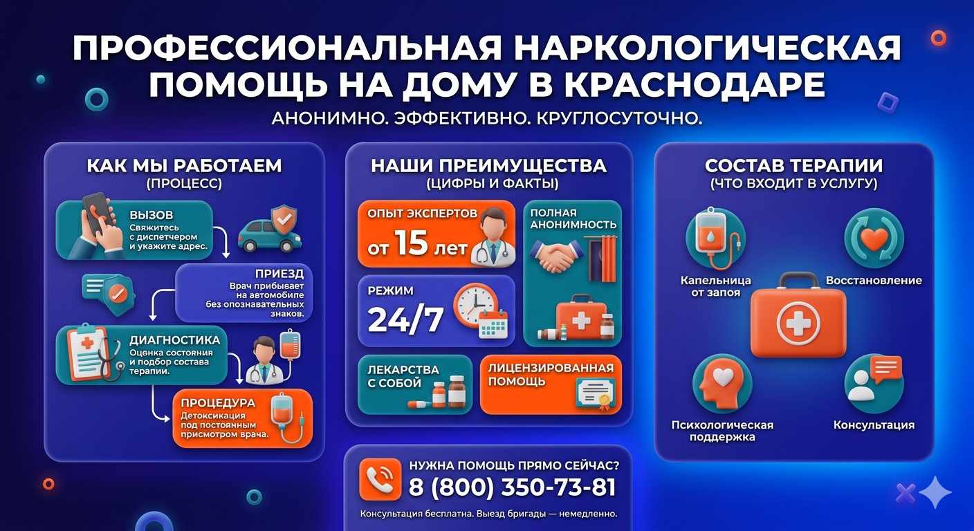 Инфографика о принципах лечения алкоголизма на дому в Ипатово: этапы вызова нарколога, преимущества анонимной детоксикации и состав медицинской помощи.